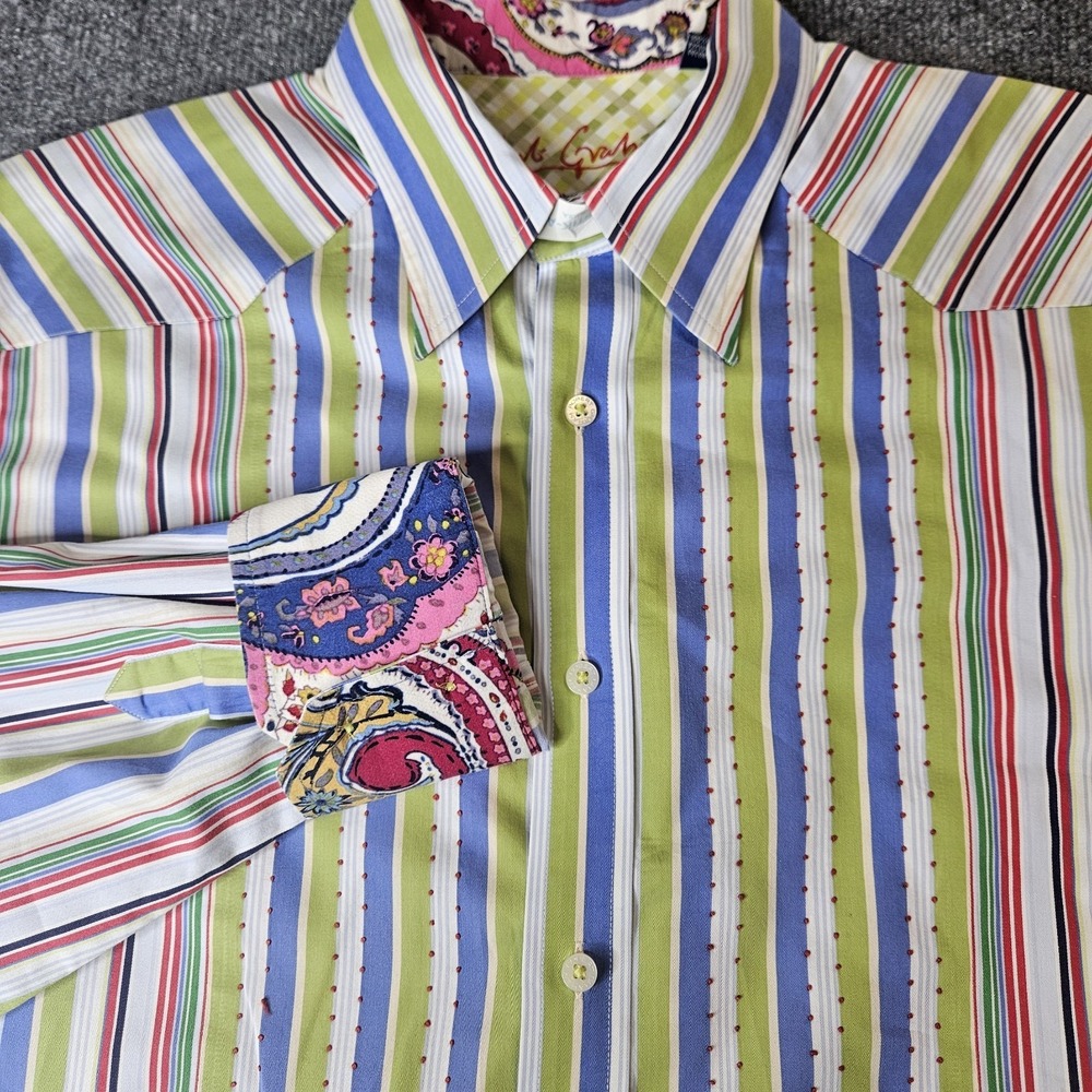 Robert Graham Mens Button Up Contrast Trim Size XL Preppy Blue Green Stripe